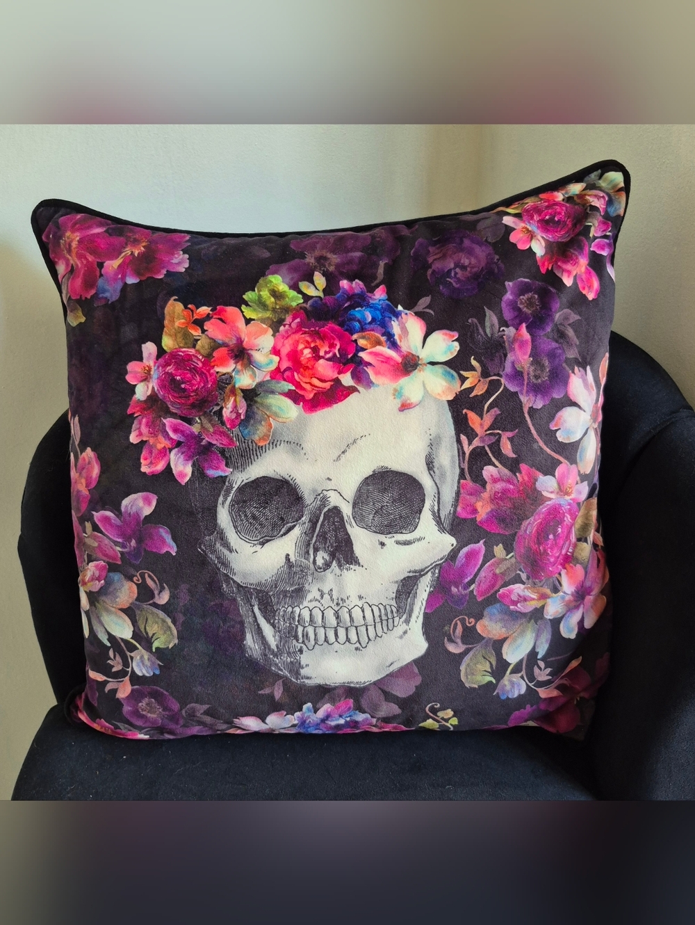 Floral Skull Decorative Pillow - Purple with Multicolor Flowers